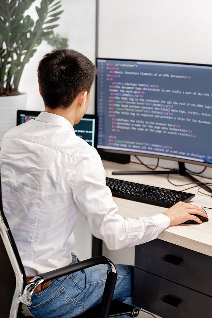 testimonial-img Back view of a programmer in a white shirt coding in an office workspace.