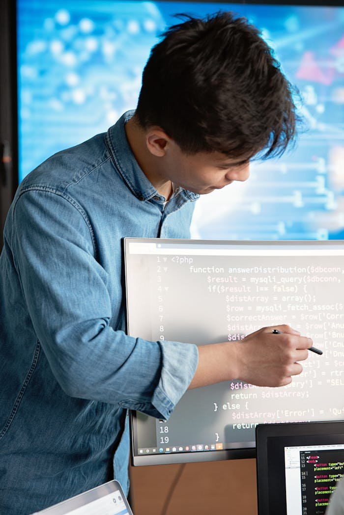 service-03 Asian male programmer writing code on a computer monitor in an office setting.